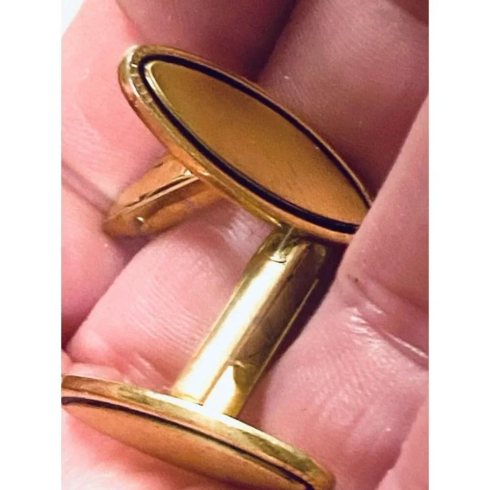 Vintage Gold Plated Oval Cufflinks Black Accent Classic Mens Retro Set